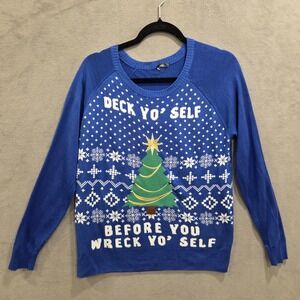 Deck Yo Self Christmas Sweater Women S/M Blue‎ Graphic Holiday Kitschy Funny